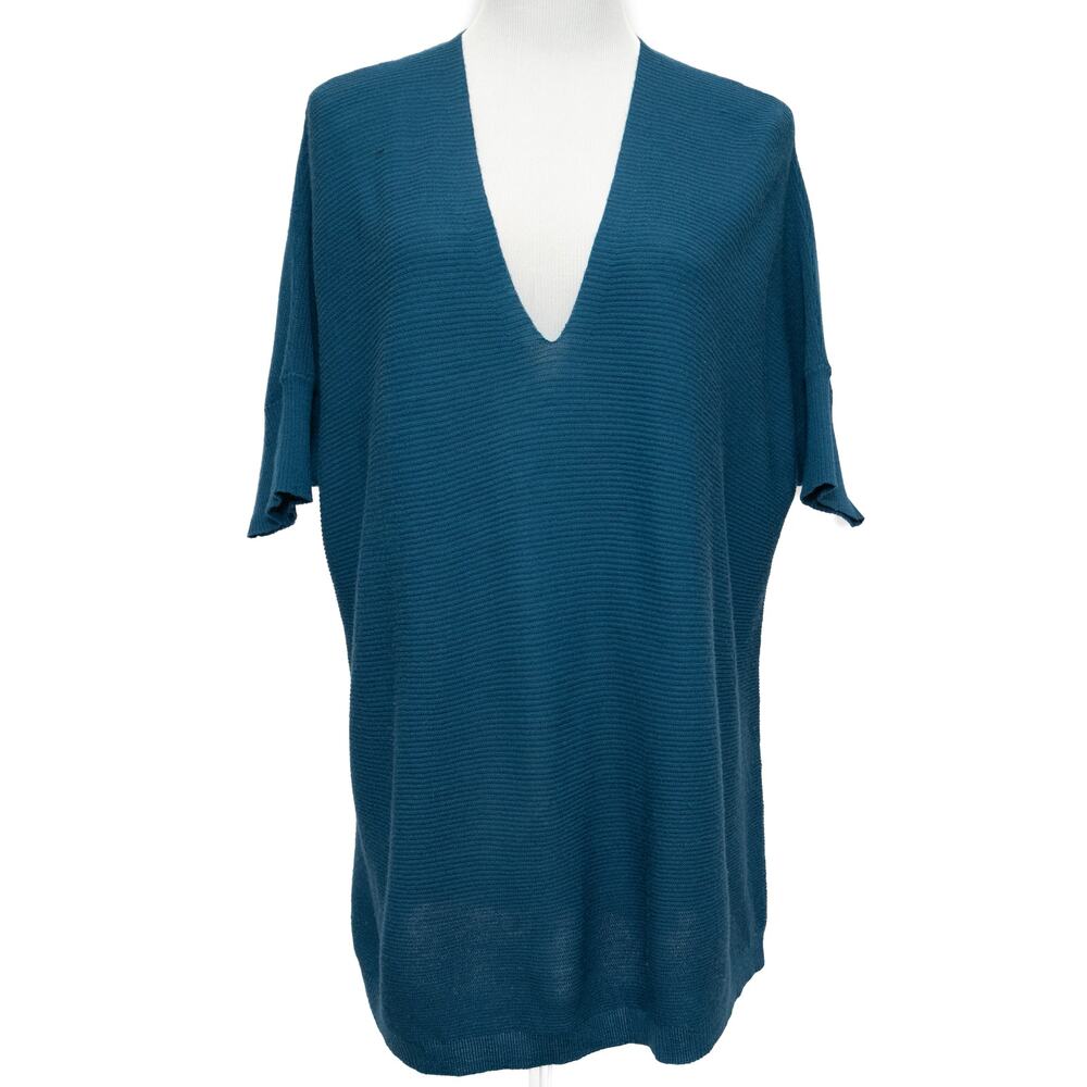 Eileen Fisher Blue V-Neck Wool Blend Lightweight Short Sleeve Sweater Size Large
